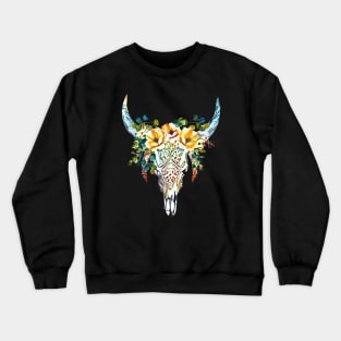 Cow Skull and Crown eucaliptus leaves and little flowers, boho, bull skull Crewneck Sweatshirt